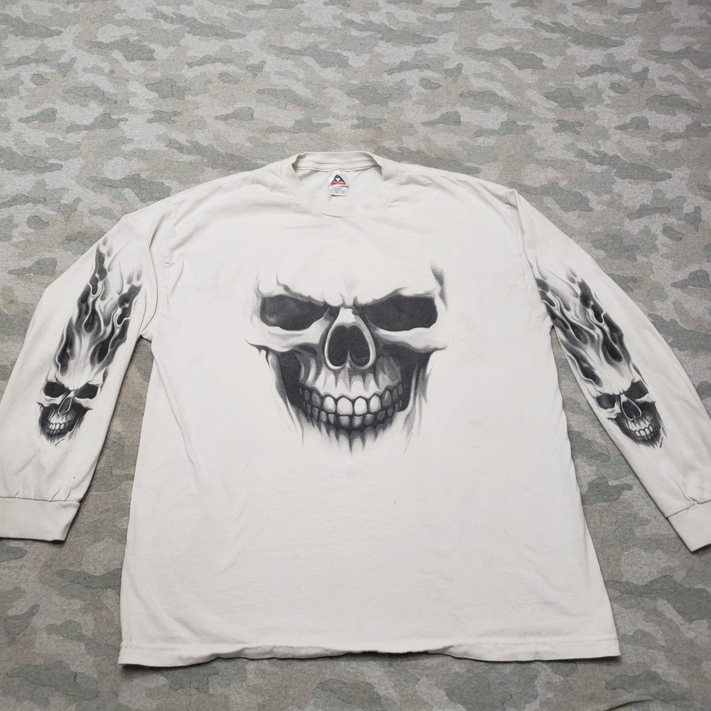 Vintage AAA Shirt Mens XL White Y2k Pullover Long Sleeve Skull Flame